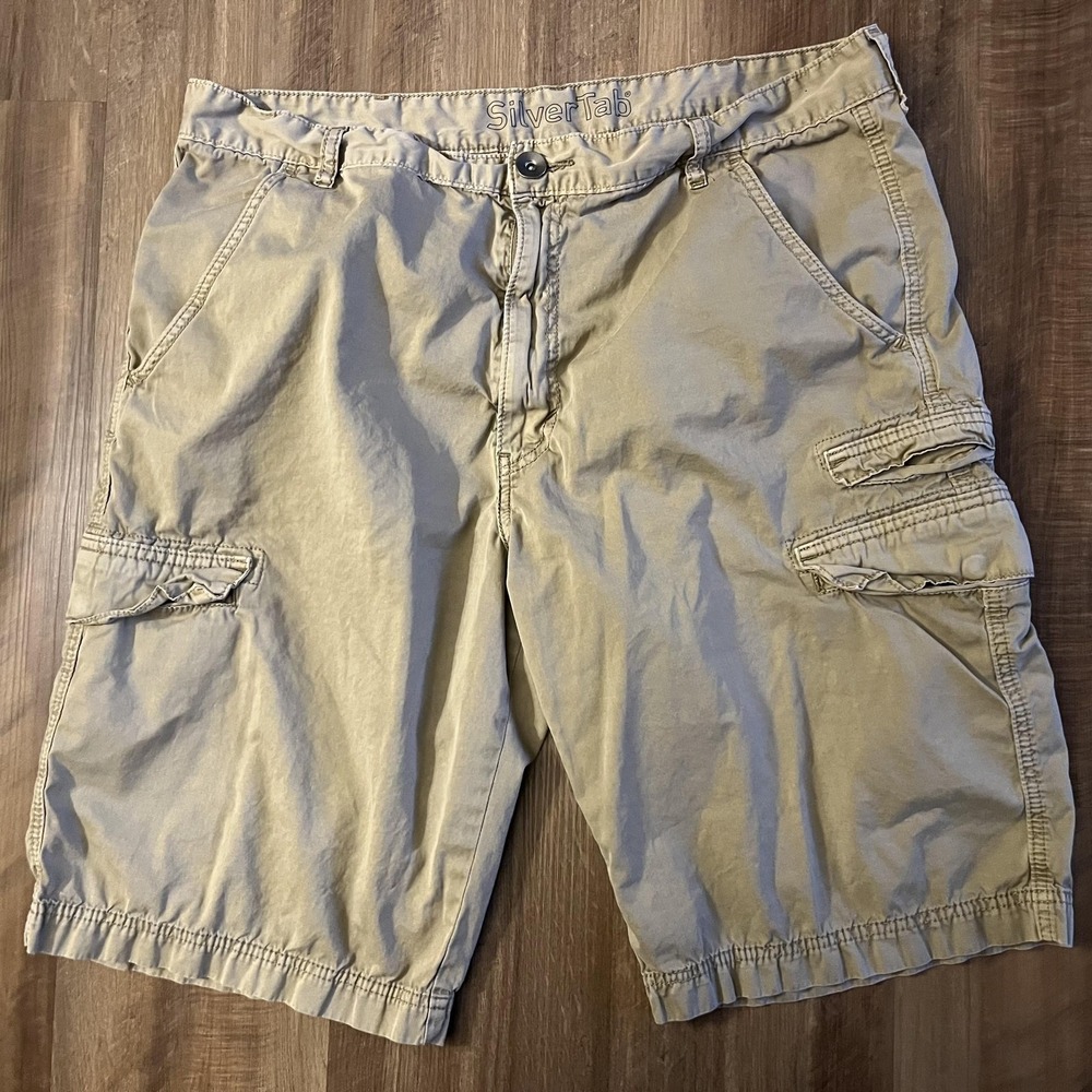 SilverTab Cargo Shorts Mens 38 Beige Cotton Canvas Relaxed Fit Pockets - Picture 2 of 4